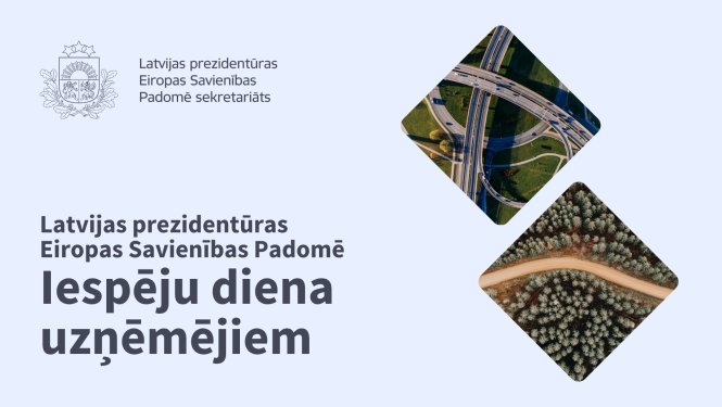 Attēls ar tekstu Iespēju diena uzņēmējiem; attēls ar tiltiem; attēls ar ceļu mežā