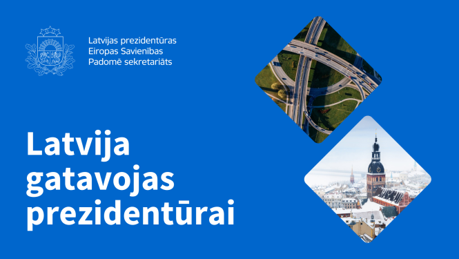 Attēls ar tekstu Latvija gatavojas prezidentūrai, attēlā tilti un Rīgas pilsētas ainava ziemā