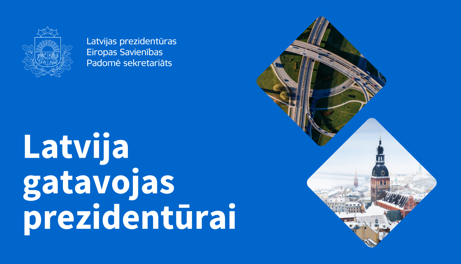 Attēls ar tekstu Latvija gatavojas prezidentūrai, attēlā tilti un Rīgas pilsētas ainava ziemā